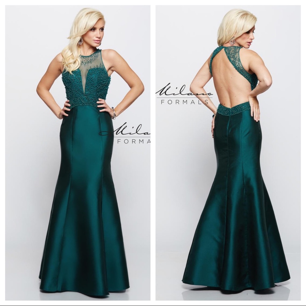 Hunter green beaded open back mermaid gown